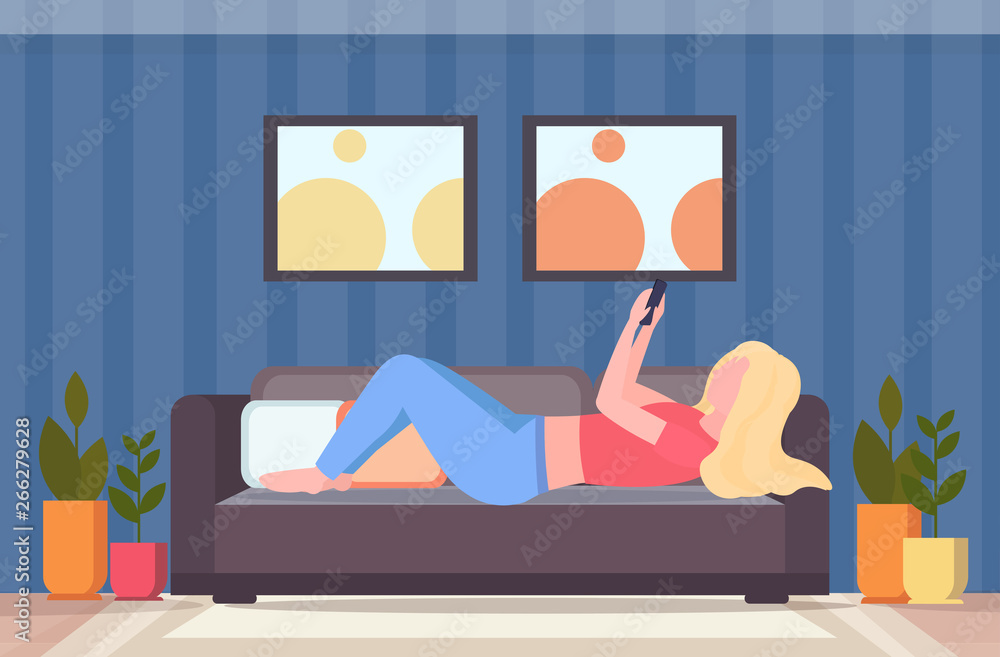 Vecteur Stock Blonde Woman Lying On Couch Girl Taking Selfie Photo On Smartphone Camera Modern