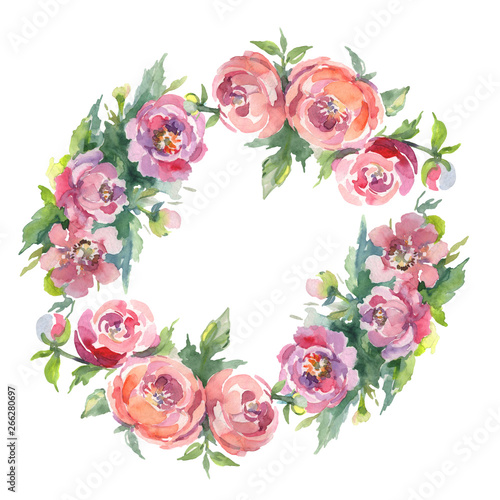Peony bouquet floral botanical flowers. Watercolor background illustration set. Frame border ornament square.