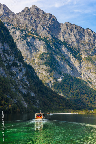 Electric boat in Koenigssee, Konigsee, Berchtesgaden National Park, Bavaria, Germany