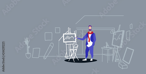 painter holding paintbrush man artist drawing using easel workshop art studio interior sketch doodle full length horizontal
