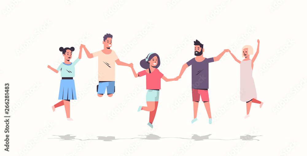 young people group holding hands men women jumping together friends having fun male female cartoon characters full length flat white background horizontal