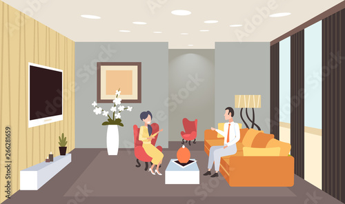 man woman discussing during meeting couple having conversation contemporary living room interior home modern apartment design flat horizontal