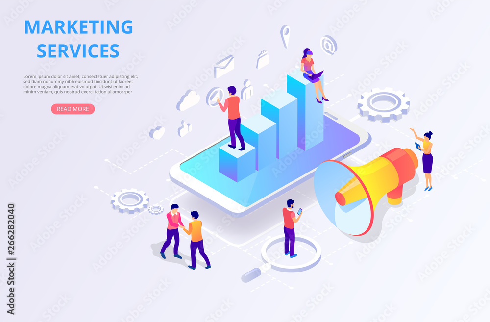 Marketing services, research, promotion, smm, seo, targeting, monetization. Homepage design template with people, smartphone and loudspeaker. Marketing services, research, promotion, smm, seo, targeting, monetization. Homepage design template with people, smartphone and loudspeaker.