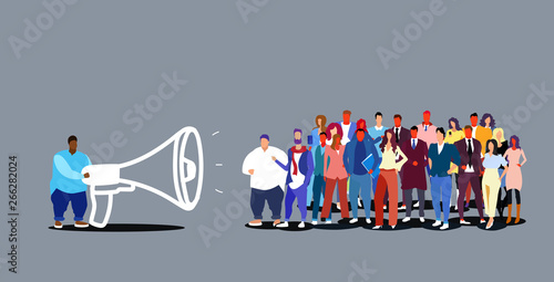 businessman team leader holding megaphone business man announcing information speaking in loudspeaker to businesspeople group sketch doodle horizontal full length