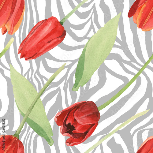 Red tulip floral botanical flowers. Watercolor background illustration set. Seamless background pattern.