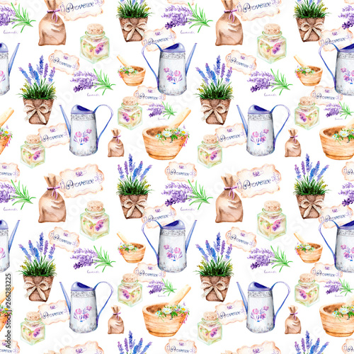watercolor provence. drawings in a seamless pattern. lavender, furniture, window
