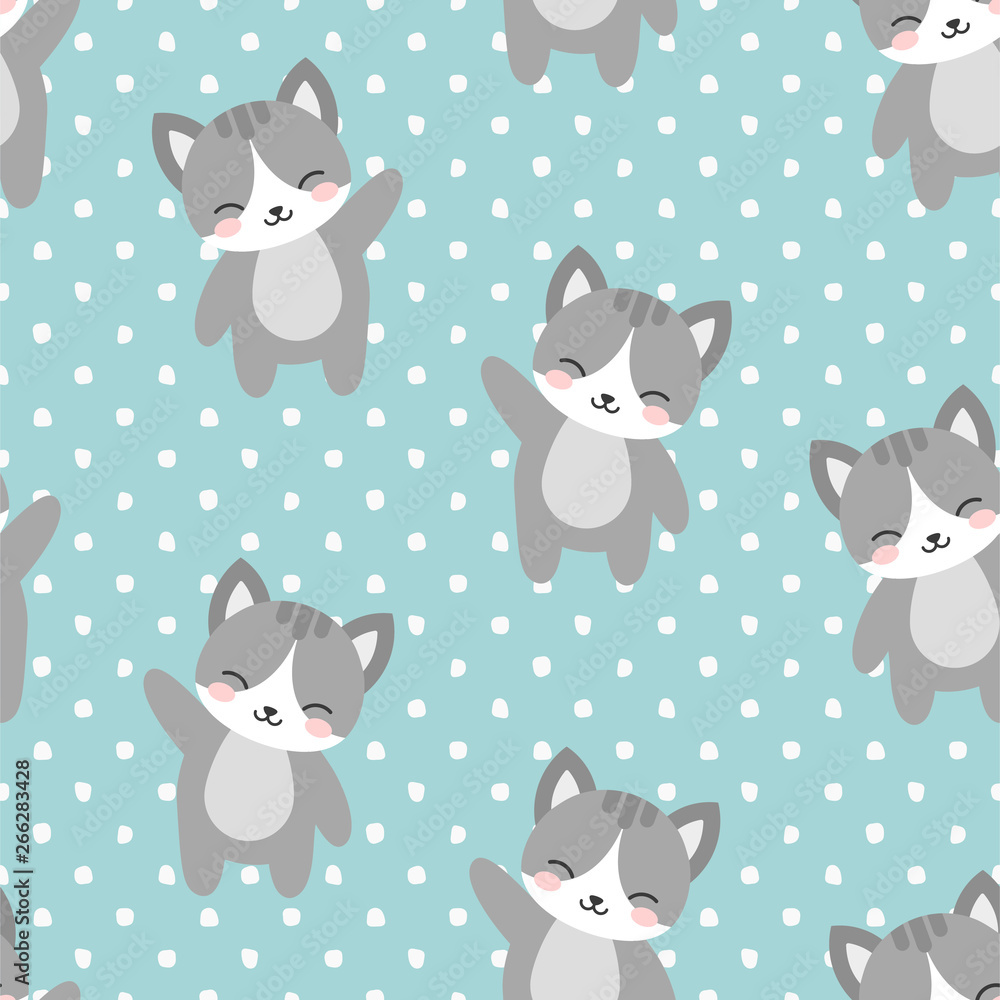 Cat Seamless Pattern Background, Scandinavian Happy kitty koala with dot for baby. cartoon kitten vector illustration for kids nordic background