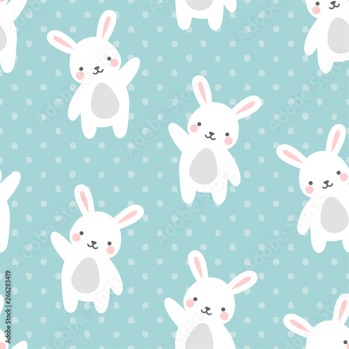 Rabbit Seamless Pattern Background  Scandinavian Happy bunny raccoon with dot for baby. cartoon rabbit bears vector illustration for kids nordic background
