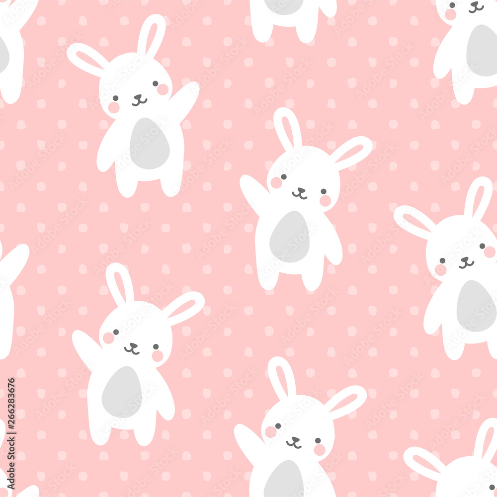 Rabbit Seamless Pattern Background, Scandinavian Happy bunny raccoon with dot for baby. cartoon rabbit bears vector illustration for kids nordic background