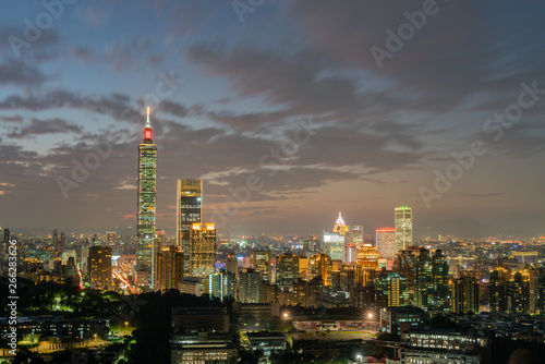 Night aerial view of the Taipei 101 and cityscape from Xiangshan