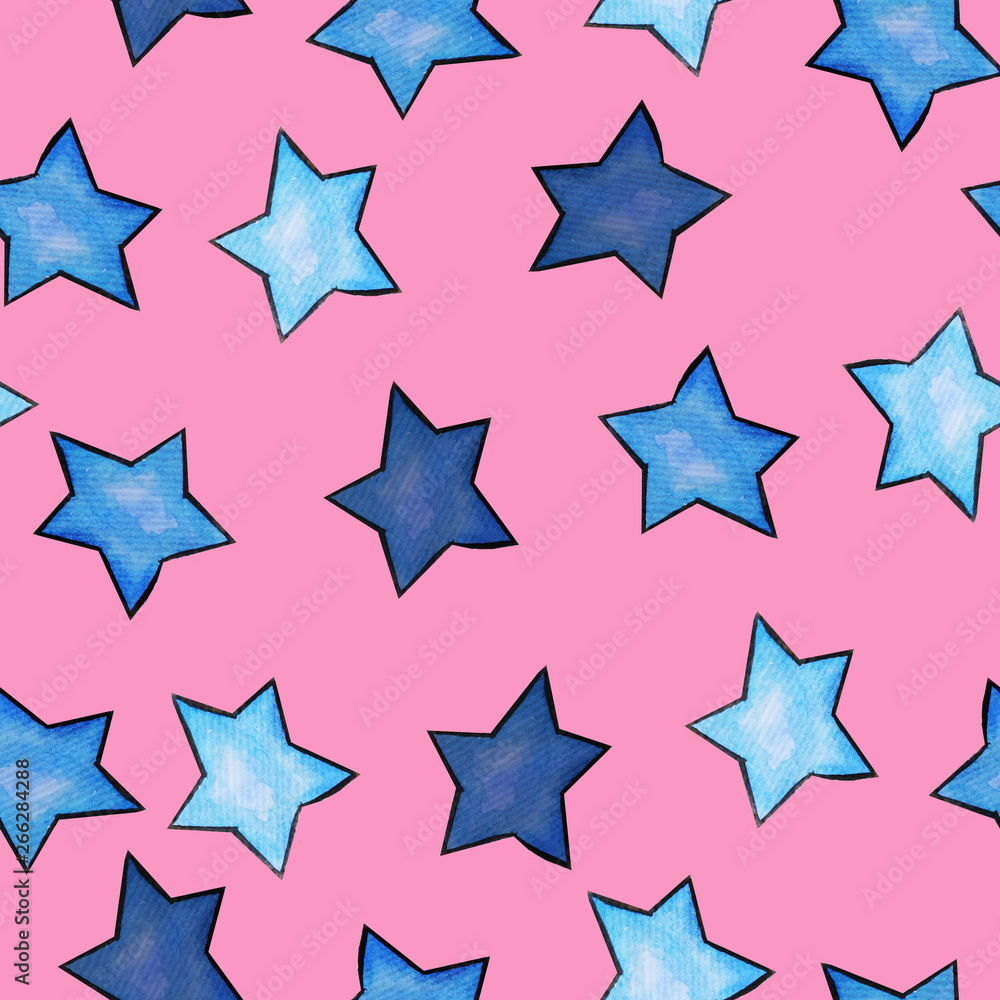 Pattern with watercolor stars in blue on a pink background Pattern with watercolor stars in blue on a pink background