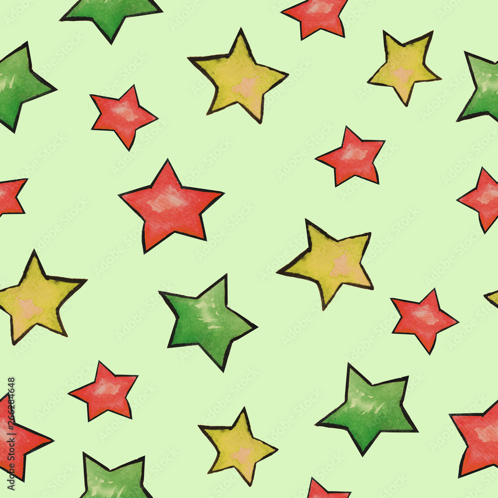 Fototapeta premium Pattern with painted green and yellow stars on a white background. 