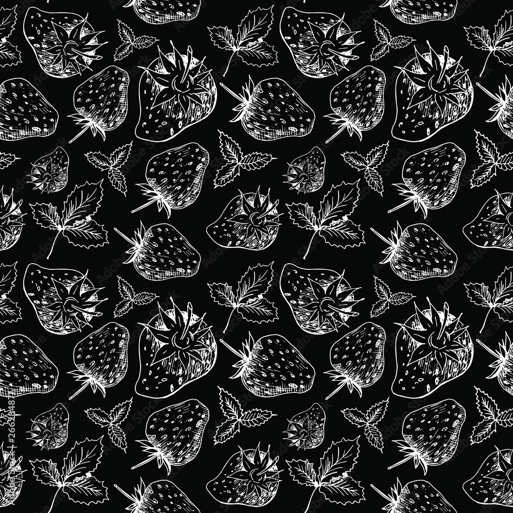 White strawberry on black. Strawberry background. Hand sketched white berries and leaves from strawberries on black background. Seamless vector wallpaper. White strawberry on black. Strawberry background. Hand sketched white berries and leaves from strawberries on black background. Seamless vector wallpaper.