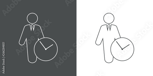 Icono plano lineal hombre de negocios con reloj en gris y blanco