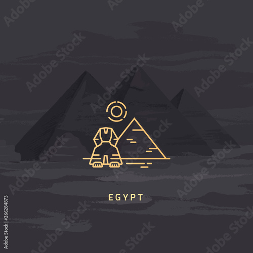 Vector icon of the most famous symbol of Egypt - the pyramid, Sphinx and sun. Egyptian pyramids icon isolated on the vector image of the same pyramids.