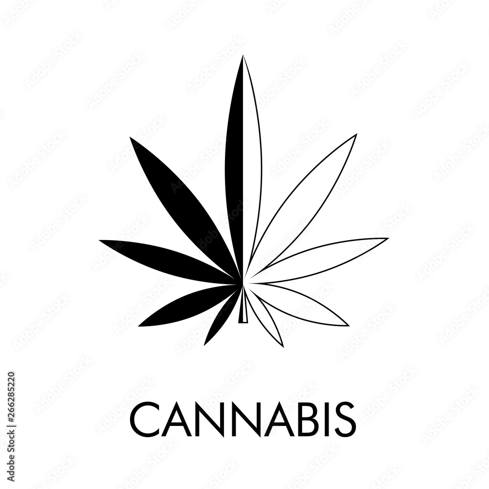 Logotipo abstracto con texto CANNABIS con hoja de marihuana lineal dividida en color negro Logotipo abstracto con texto CANNABIS con hoja de marihuana lineal dividida en color negro