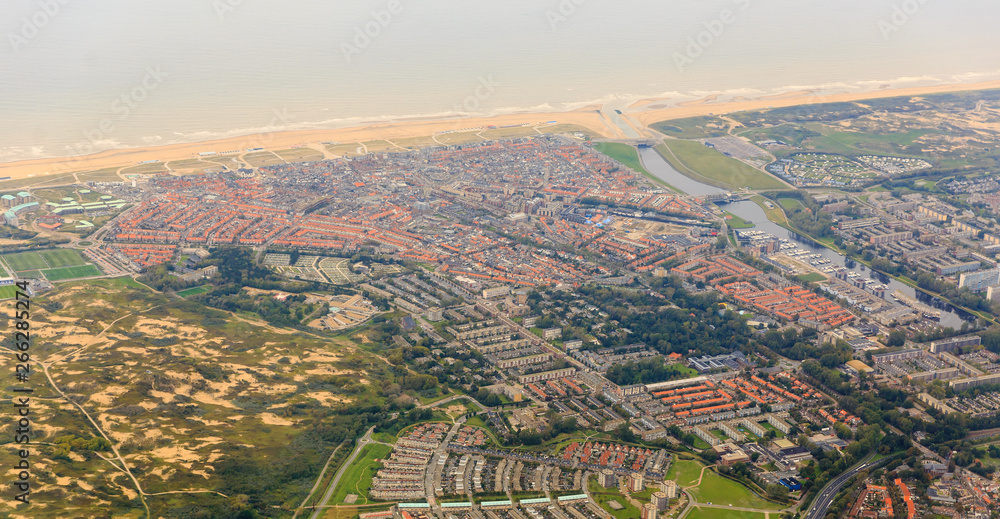Beautiful aerial cityscape view of the town of Katwijk, the Netherlands, with the beach and river Rhine at the North sea