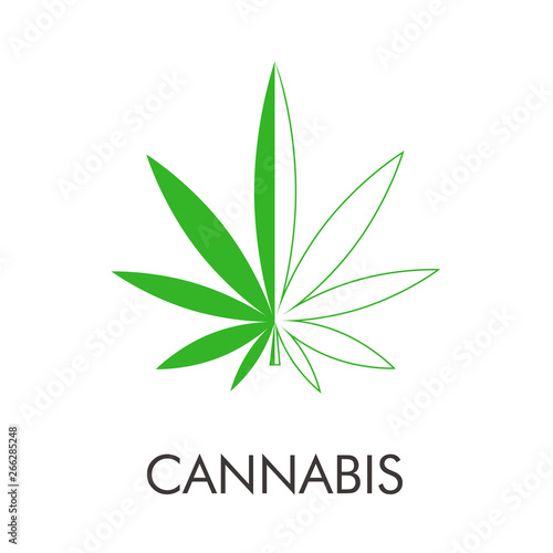 Logotipo abstracto con texto CANNABIS con hoja de marihuana lineal dividida en color verde