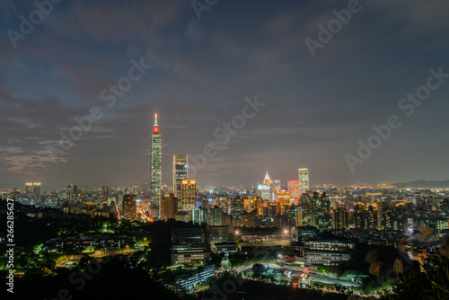 Night aerial view of the Taipei 101 and cityscape from Xiangshan