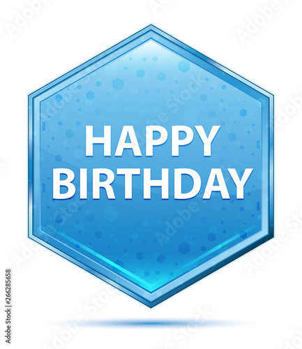 Happy Birthday crystal blue hexagon button