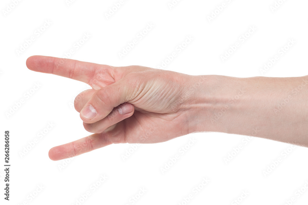 Hand shows the rock and roll sign isolated on a white background.. Hand shows the rock and roll sign isolated on a white background..