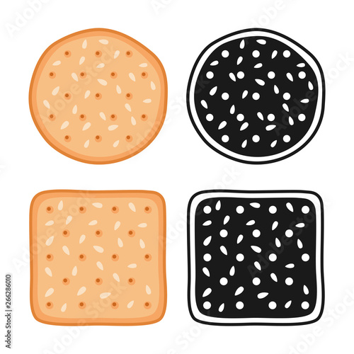 Crackers cookies with seeds, round and square, vector illustration