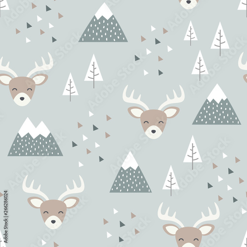 Reindeer Seamless Pattern Background, Happy cute deer in the forest between mountain tree and cloud, cartoon reindeer vector illustration for kids forest background with triangle dots