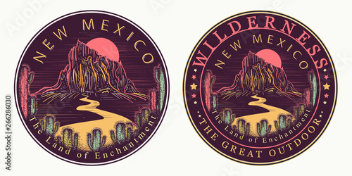 New Mexico (USA). The Land of Enchantment slogan. Wilderness, the great outdoor art. Symbol of tourism and travel