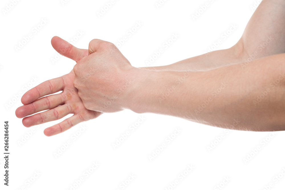 Hand with open palm on white background. Male hand in the attack and in defense of the hand Hand with open palm on white background. Male hand in the attack and in defense of the hand