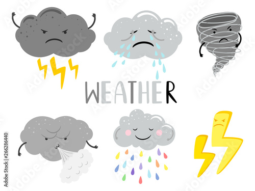 Overcast weather cartoon character clouds isolated on white background, vector illustration