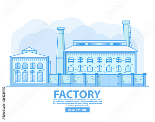 Factory building.Industrial factory concept.Old vintage plant.Brick architecture smoking chimney.Flat vector.