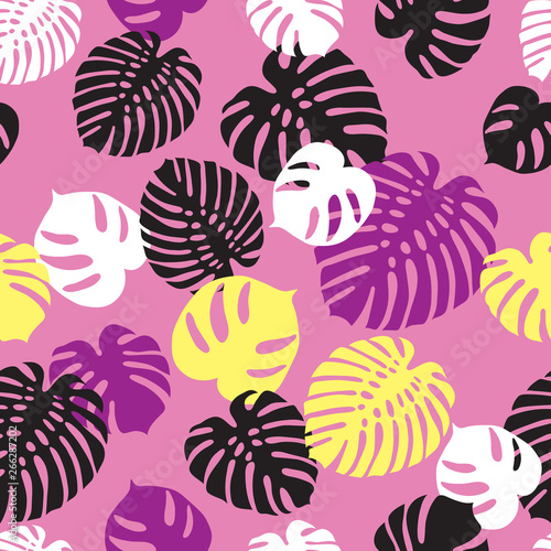Fototapeta Naklejka Na Ścianę i Meble -  Seamless summer pattern with tropical leaves for textile, wallpapers, wrapping paper, covers, scrapbook. Vector.