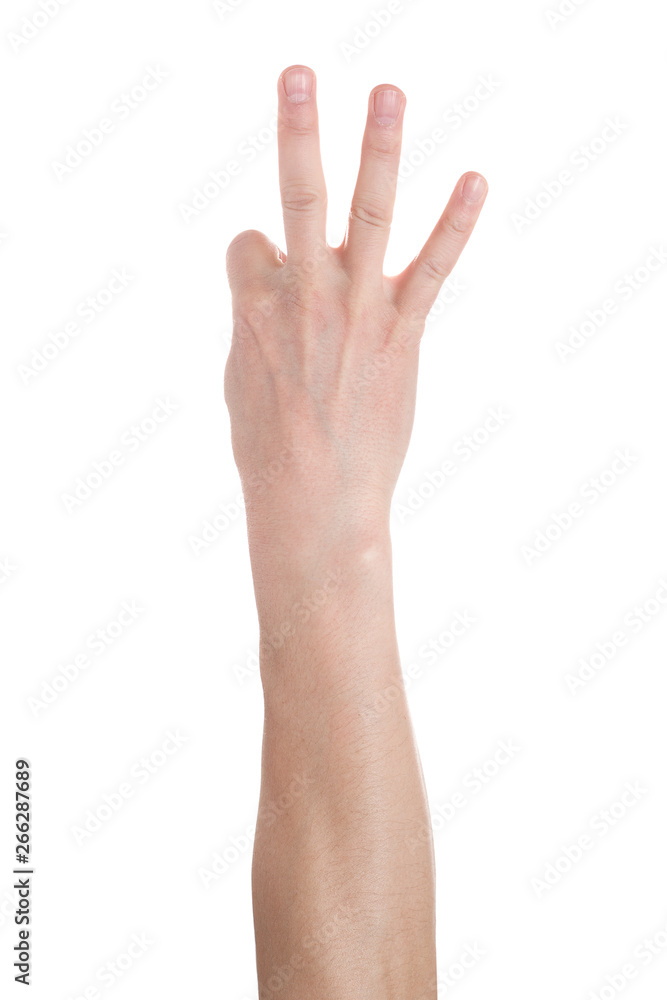 Man showing number three on white background, closeup. Man showing number three on white background, closeup.
