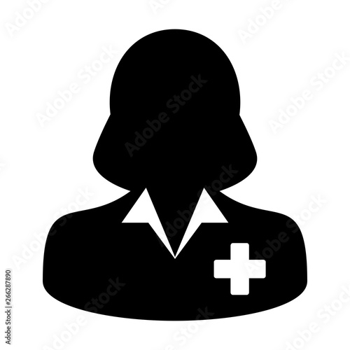 Doctor icon vector of female person profile avatar symbol for patient medical health care in flat color glyph pictogram illustration