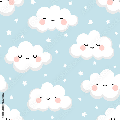 Cloud cute smiling face seamless pattern background with star glow, green repeating vector illustration © Gabriel Onat