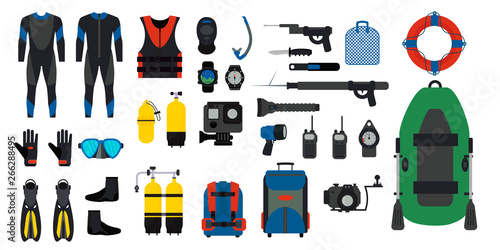 Diving set of equipment elements. Underwater activity. Aqualung, oxygen cylinders, depth gauge, flashlight, snorkel and mask, flippers, gloves, speargun. Vector Illustration.