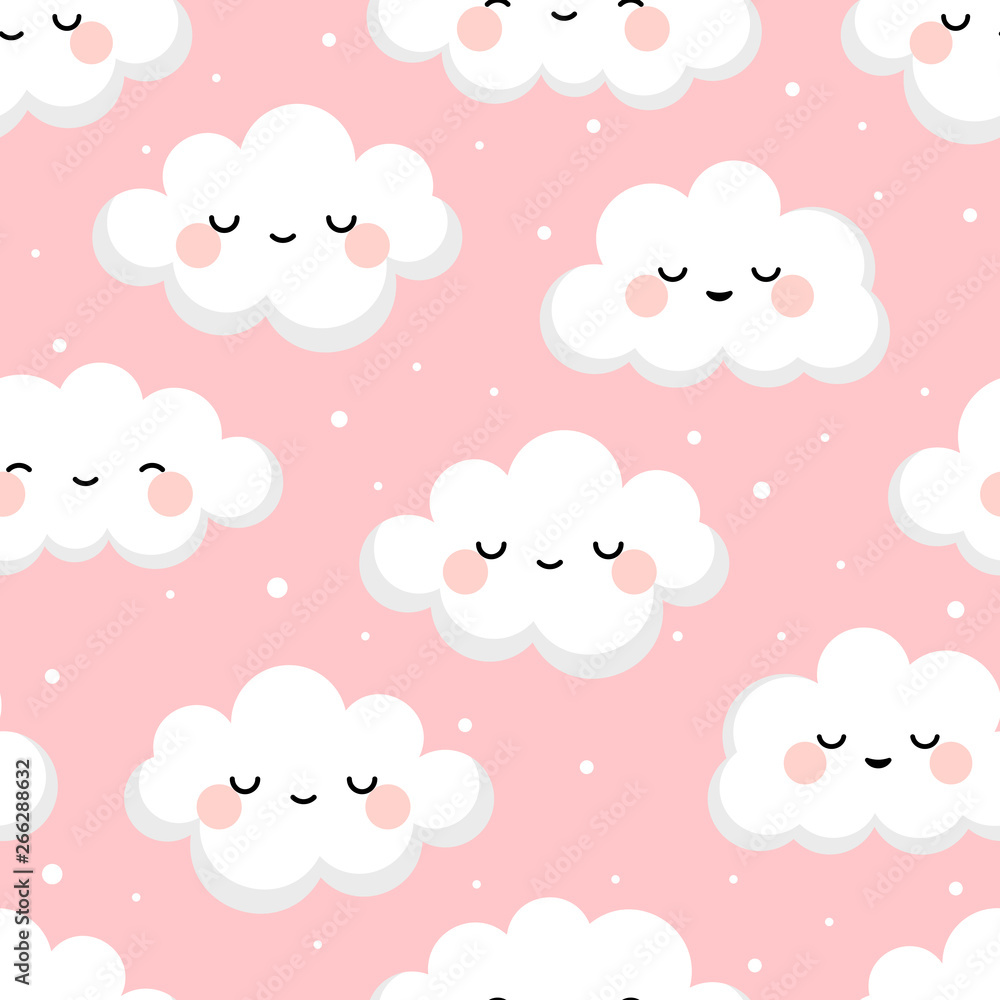 Cloud cute smiling face seamless pattern background with star glow, green repeating vector illustration Cloud cute smiling face seamless pattern background with star glow, green repeating vector illustration