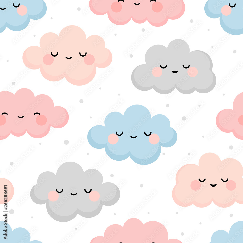 Cloud cute smiling face seamless pattern background with star glow, green repeating vector illustration