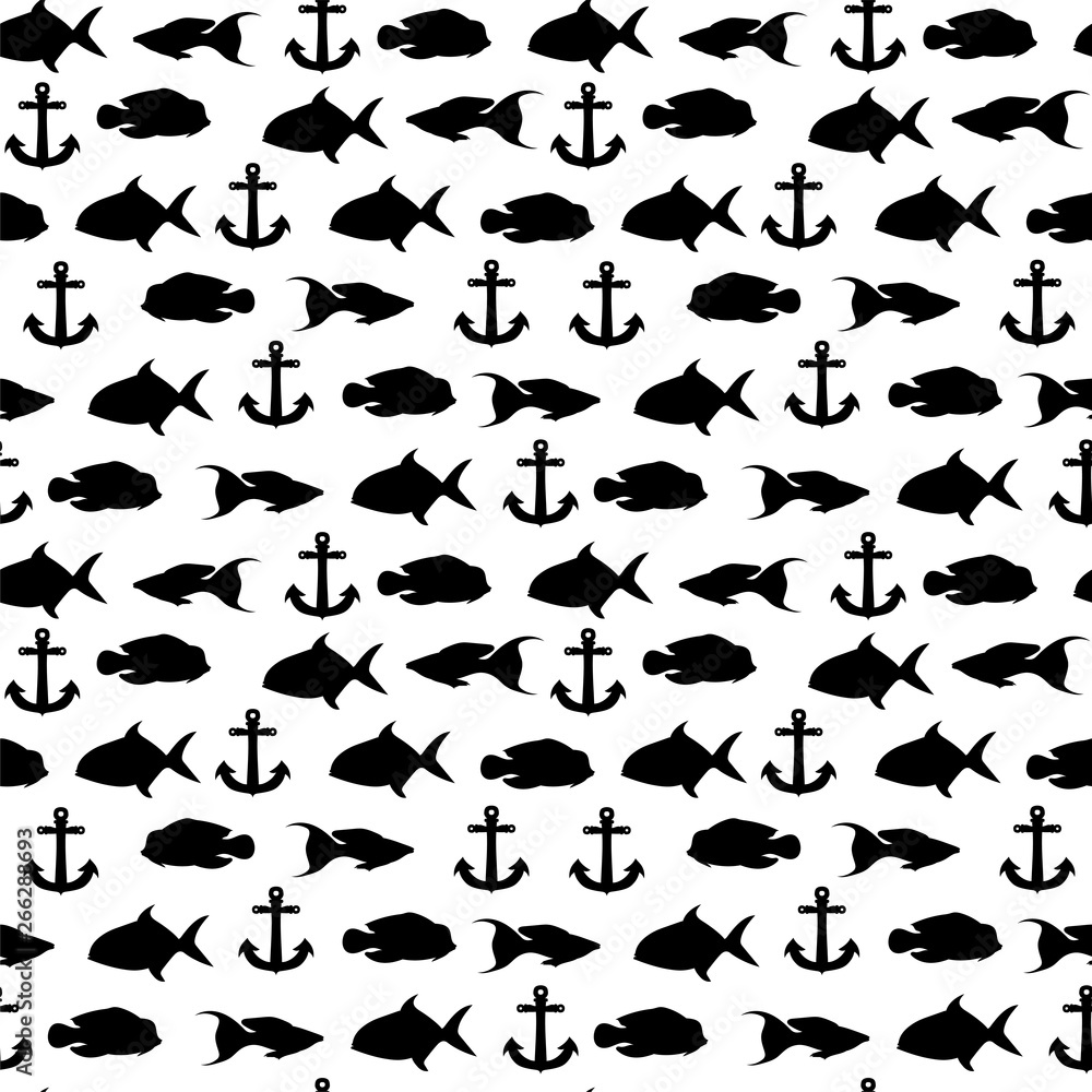 Seamless pattern with black anchors and fishes on a white background