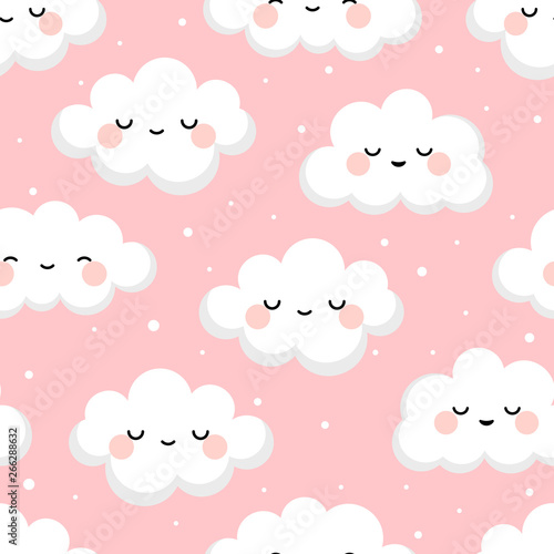 Cloud cute smiling face seamless pattern background with star glow, green repeating vector illustration
