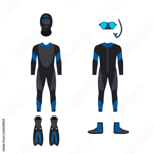 Underwater activity. Set of equipment elements, aqualung, diving mask, snorkel and flippers.  Vector illustration  isolated on white background