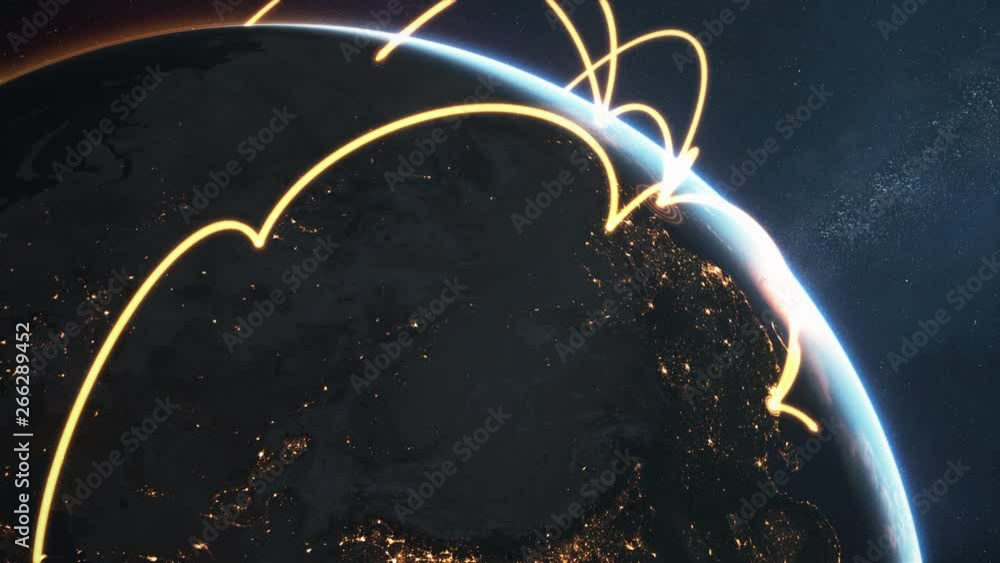 3d animation of a growing network across a realistic earth. Seamless loop. Abstract global business network concept. Orange night version. Elements of this image furnished by NASA