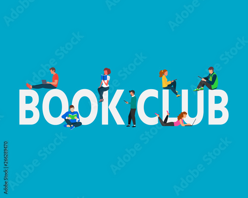 Book club concept illustration. Students Boy and Girl using laptop, books, standing and  sitting near capital letters book club. Vector illustration can use for, landing page, template,  banner, flyer