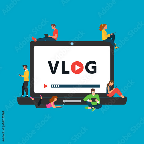 Vlog concept. Vector illustration. Flat design young people standing and sitting on a laptop with smartphone and laptope. Videoblog. photo