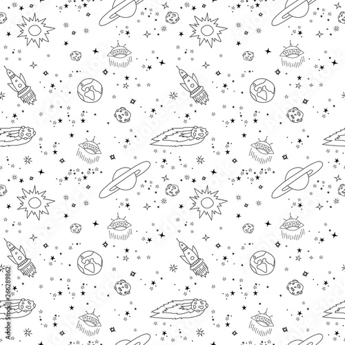 Seamless pattern with starry night sky, planets, spaceships, comets. Space background in black and white colors