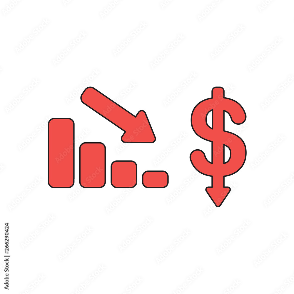 Vector icon concept of sales bar chart with arrow moving down and dollar money with arrow moving down. Vector icon concept of sales bar chart with arrow moving down and dollar money with arrow moving down.