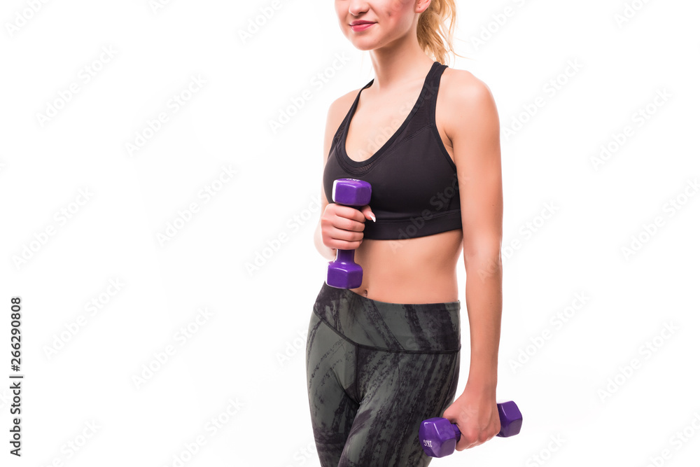 Young happy smiling blond woman in sportswear, doing fitness exercise with dumbbells, isolated on white background Young happy smiling blond woman in sportswear, doing fitness exercise with dumbbells, isolated on white background