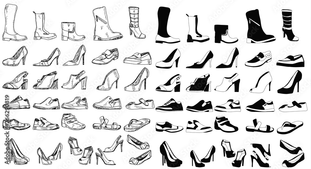 vector isolated set of male and female shoes silhouette