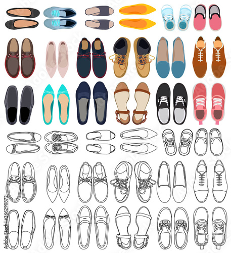 vector, isolated, set, collection of men's and women's shoes, top view