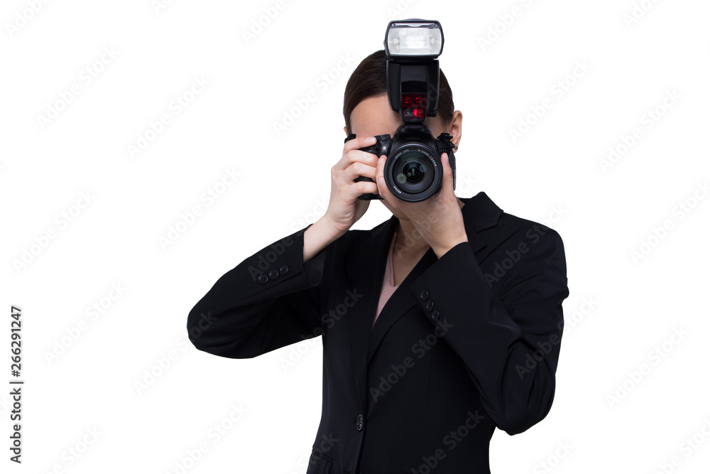 Asian Woman Photographer hold camera with external flash point to shoot subject, wear normal suit jacket. studio lighting white background isolated copy space, reporter journalist take photo celebrity Asian Woman Photographer hold camera with external flash point to shoot subject, wear normal suit jacket. studio lighting white background isolated copy space, reporter journalist take photo celebrity